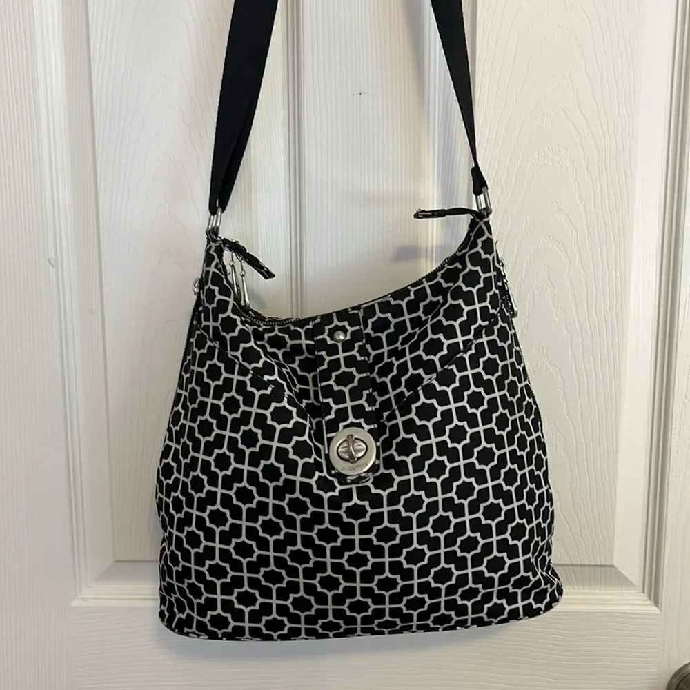 Baggallini Black & White Geometric Print Travel Purse Laptop Work Shoulder Bag